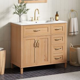 36" Bathroom Vanity with Ceramic Sink, Modern Natural Wood Grain Vanity, Solid Rubberwood Legs, Soft-Close Double Doors & 4 Drawers
