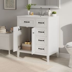 30" White Bathroom Vanity with Ceramic Sink, Freestanding Vanity with Black Metal Handles, Solid Wood Legs, Soft-Close Doors & Drawers, Ample Sto