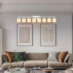 8-Light Bathroom Light Fixtures, 52inch Nickel Vanity Light with Milky White Glass Shade, Modern Bathroom Wall Lights Over Mirror