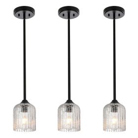 3-Pack Modern Pendant Light, Kitchen Island Dining Room Matte Black Crackled Glass Hanging Lamp