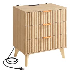 Fluted Nightstand with Charging Station, with 3 Drawers, Dresser for Bedroom, Mid Century Modern End Table