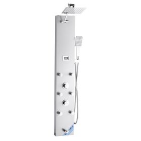Shower Panel Tower System with Rainfall Shower Head, LED, 49 in Brushed Stainless Steel Shower Column, 4-Function Faucet