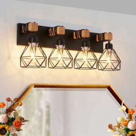 24" Modern Geometric 4-Light Vanity Light Fixture with Black Metal, Wooden Accents and Cage Lampshade for Bathroom, Bedroom