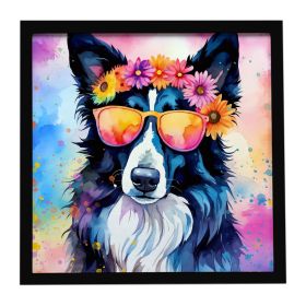 Border Collie Hippie Dawg Framed Metal Print Bathroom, Kitchen, Office, Home Decor Wall Art Ready to Hang, Square, 8X8