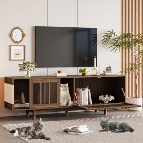 Mid-Century Modern Style 2 IN 1 Cat Furniture 74 Walnut TV STAND With Sliding Flip-down Glass Door, Cat House Litter Box With Sisal Scratcher Boa (Option: Walnut)