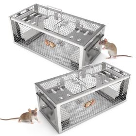 2Pack 11.81x5.63x4.45In 2-Door Humane Rat Trap Automatic Continuous Mouse Trap Reusable Galvanized Iron Live Animal Cage (Option: Silver)