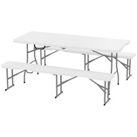 6FT 3 PCS Portable Camping Table And Chairs, Folding Picnic Table Bench Set With Carrying Handles For BBQ, Party, White (Option: White)