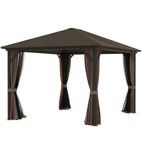 10 X 12 Hardtop Gazebo With Curtains And Netting, Gazebo Canopy With Aluminum Frame And Hooks, Coffee (Option: Coffee)