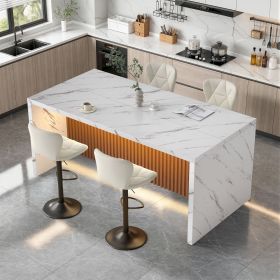 67" Large Modern Rectangle Dining Table for 4-6 People, Imitation Marble Island Table with LED Lights for Kitchen,Dining Room, Bar, Office (Color: White)