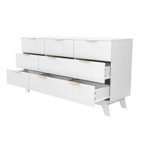Fluted 9 Drawer Dresser for Bedroom,57" Wide Modern Chest of Drawers with Metal Handles,Heavy Duty Wood TV Stand (Color: White)