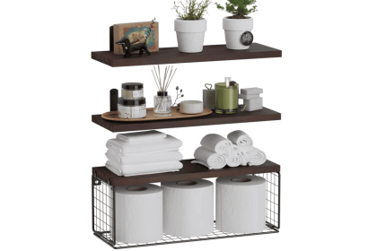 Bathroom Shelf Over Toilet, Floating Bathroom Shelf Wall Mounted with Wire Basket, Floating Shelf for Wall Décor (Color: Brown)