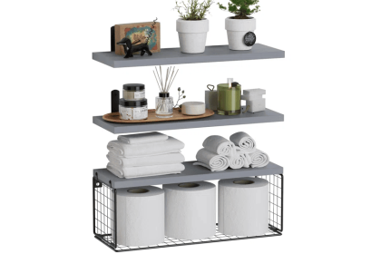 Bathroom Shelf Over Toilet, Floating Bathroom Shelf Wall Mounted with Wire Basket, Floating Shelf for Wall Décor (Color: Grey)