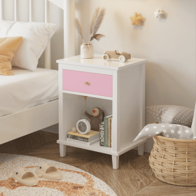 26.77''H Wooden Nightstand with One Drawer One Shelf for Kids, Adults (Color: Pink, Material: MDF)