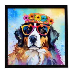 Bernese Mountain Dog Hippie Dawg Framed Metal Print Bathroom, Kitchen, Office, Home Decor Wall Art Ready to Hang, Square, 8X8 (Default: Default)