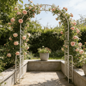 Metal Garden Arch W55'' x H94.5'' Garden Arbor Trellis Climbing Plants Support Rose Arch Outdoor Arch (Color: CREAM WHITE)
