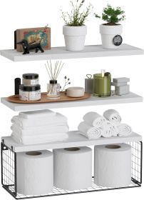 Bathroom Shelf Over Toilet, Floating Bathroom Shelf Wall Mounted with Wire Basket, Floating Shelf for Wall Décor (Color: White)