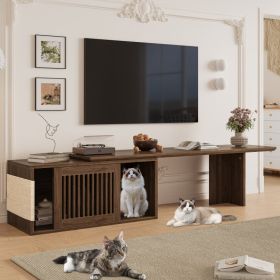 Mid-Century Modern 2 In 1 Cat Furniture 78 Extendable Walnut TV Stand Up ,  Entertainment Center Litter Box Enclosure With Cat Scratcher (Option: Walnut)